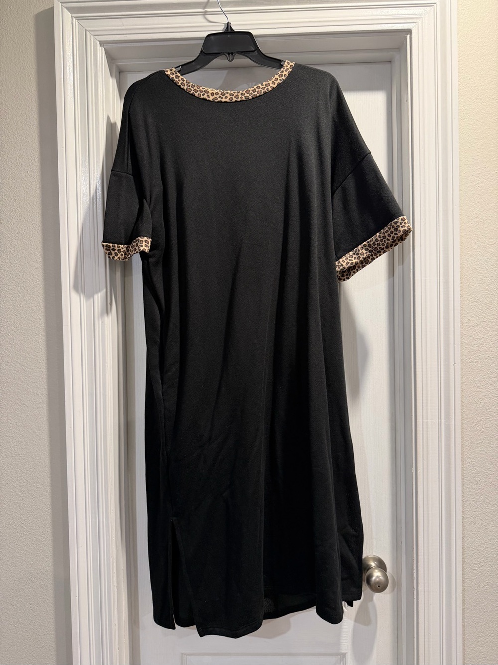 Black Midi Dress with Leopard-Print Trim